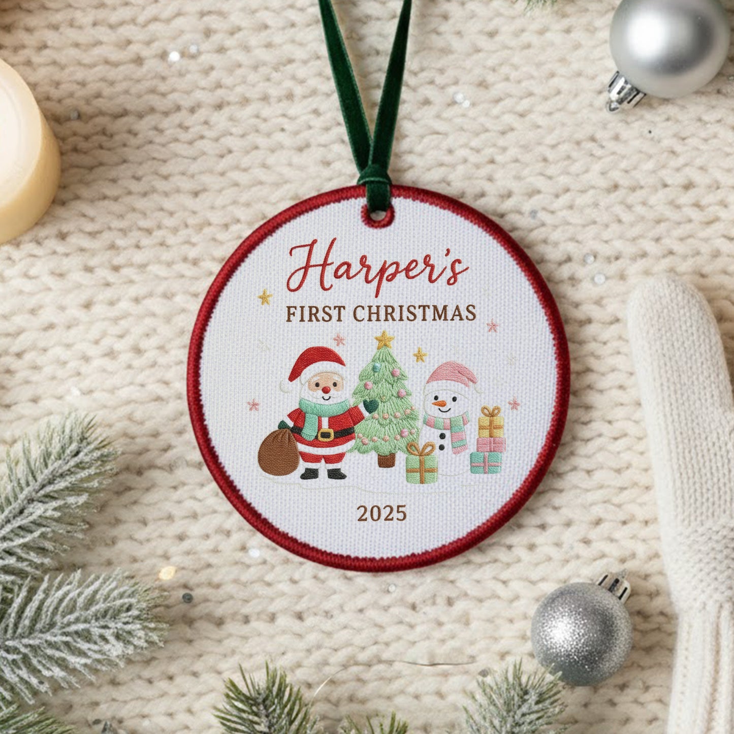 Personalized Embroidered Baby’s First Christmas Ornament 2025 – Santa and Snowman Custom Canvas Keepsake for Newborn, Embroidered Ornament