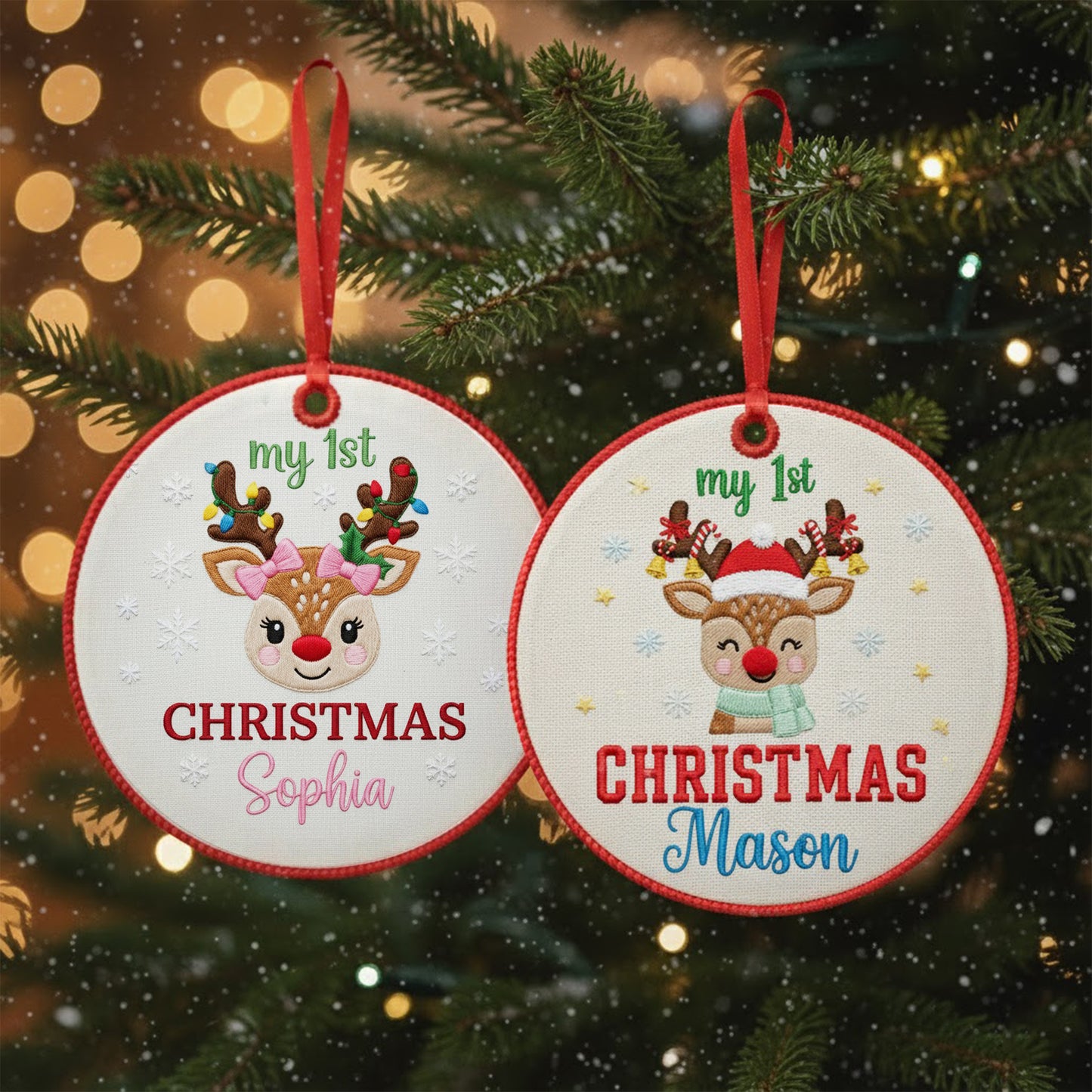 Personalized Embroidered My First Christmas Reindeer Ornament 2025 – Custom Canvas Keepsake Gift for Baby Girl, Xmas Embroidered Ornament
