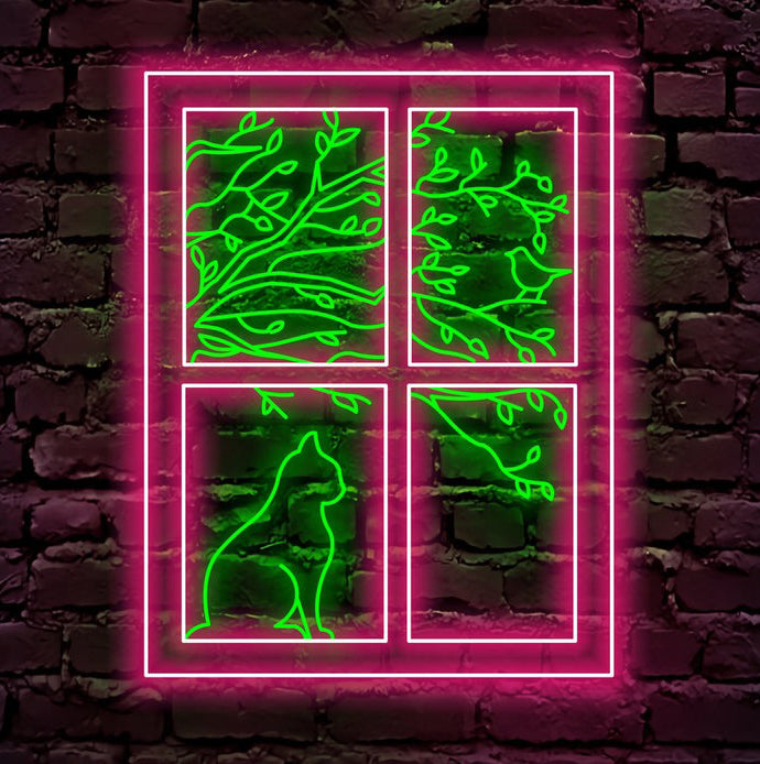 Cat Looking Out The Window With Bird And Tree Neon Sign, Custom Led Neon Sign for Home Decor
