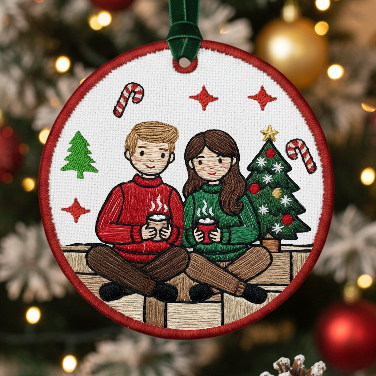 Embroidered Just Married Ornament – Personalized Canvas Wedding Couple Portrait Keepsake from Your Photo, Embroidered Ornament form picture
