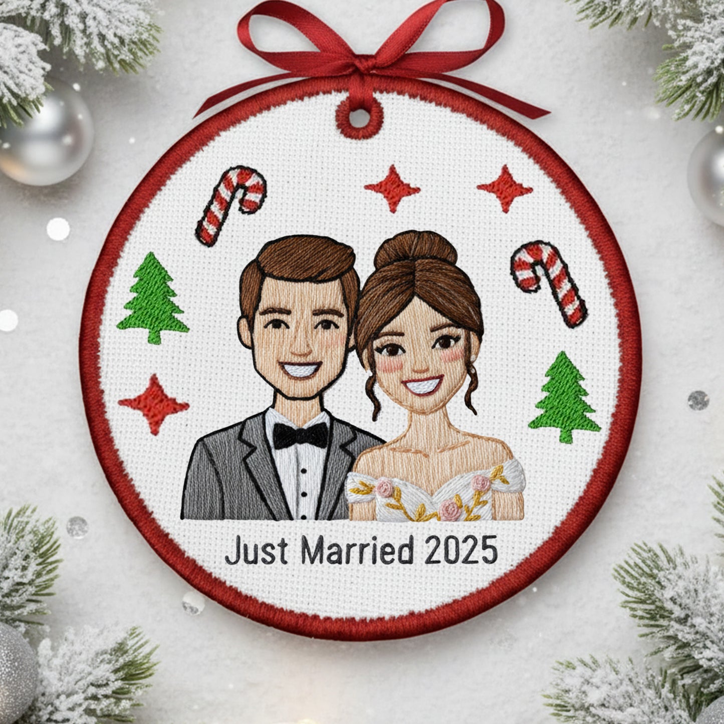 Embroidered Just Married Ornament – Personalized Canvas Wedding Couple Portrait Keepsake from Your Photo, Embroidered Ornament form picture