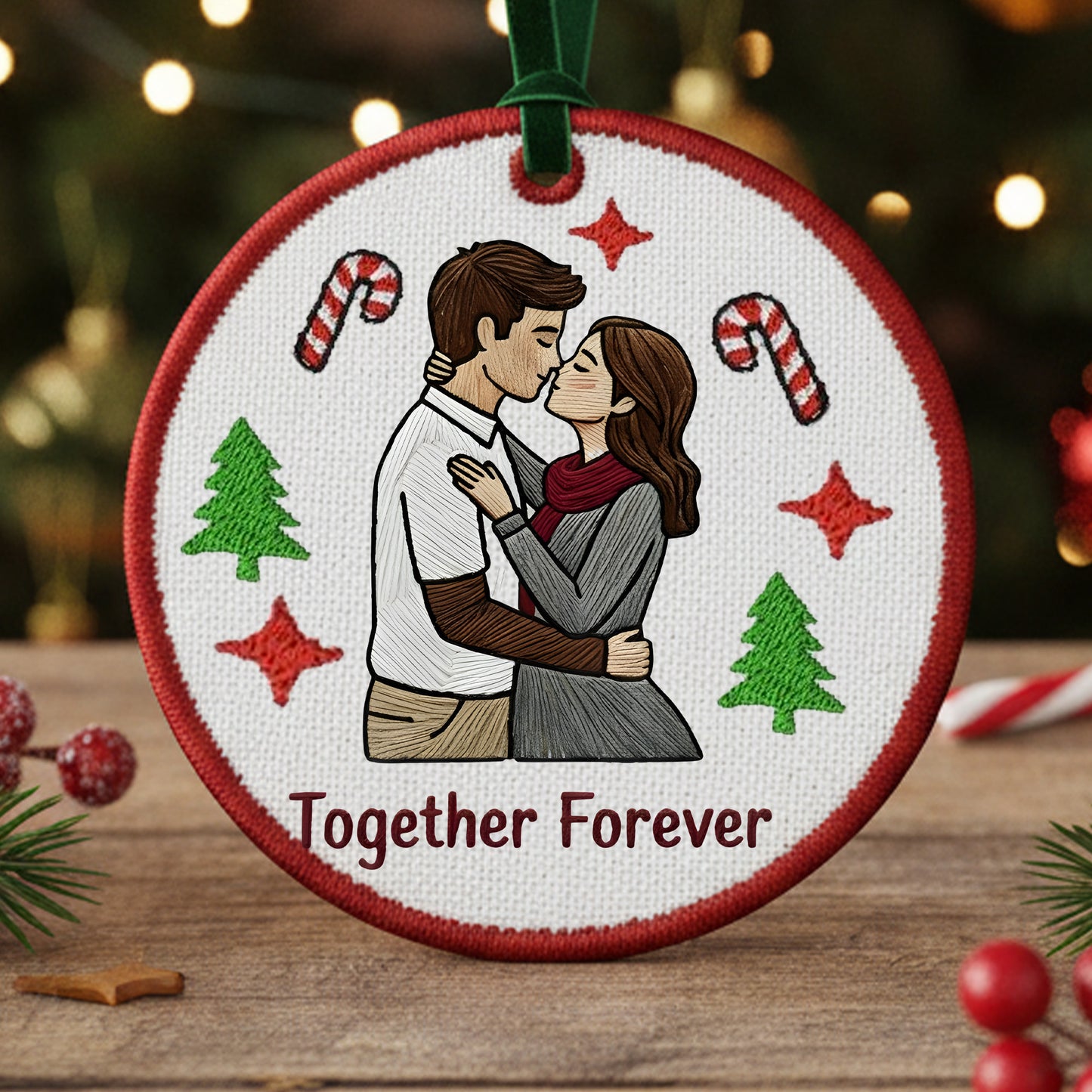 Embroidered Just Married Ornament – Personalized Canvas Wedding Couple Portrait Keepsake from Your Photo, Embroidered Ornament form picture