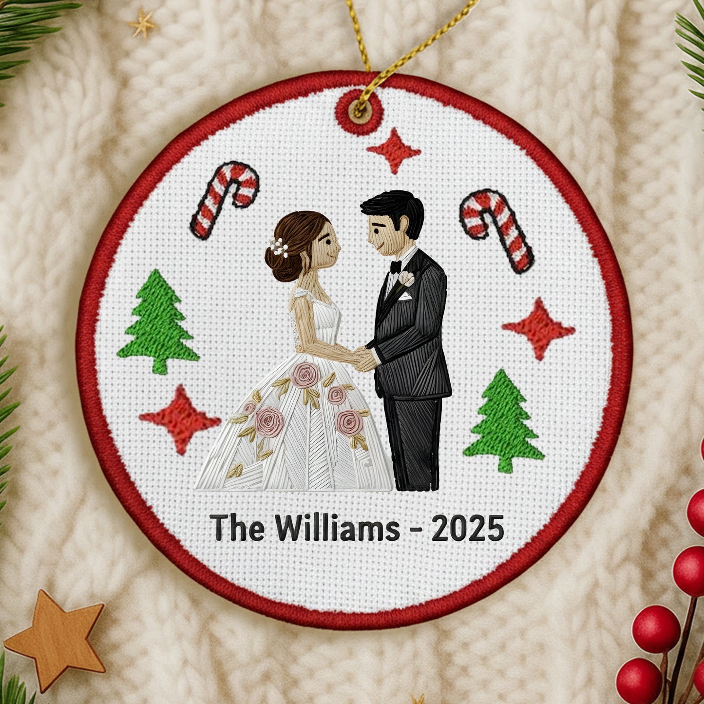 Embroidered Just Married Ornament – Personalized Canvas Wedding Couple Portrait Keepsake from Your Photo, Embroidered Ornament form picture
