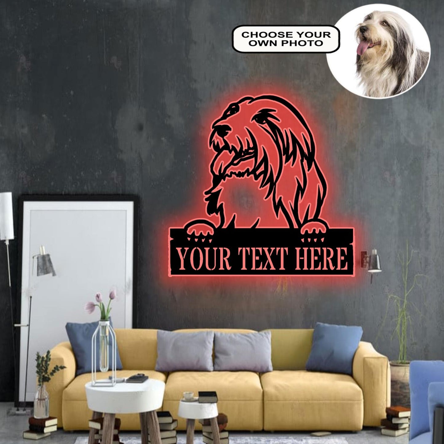 Personalized Bearded collie Dog Metal Sign Led Lights Custom Name Photo