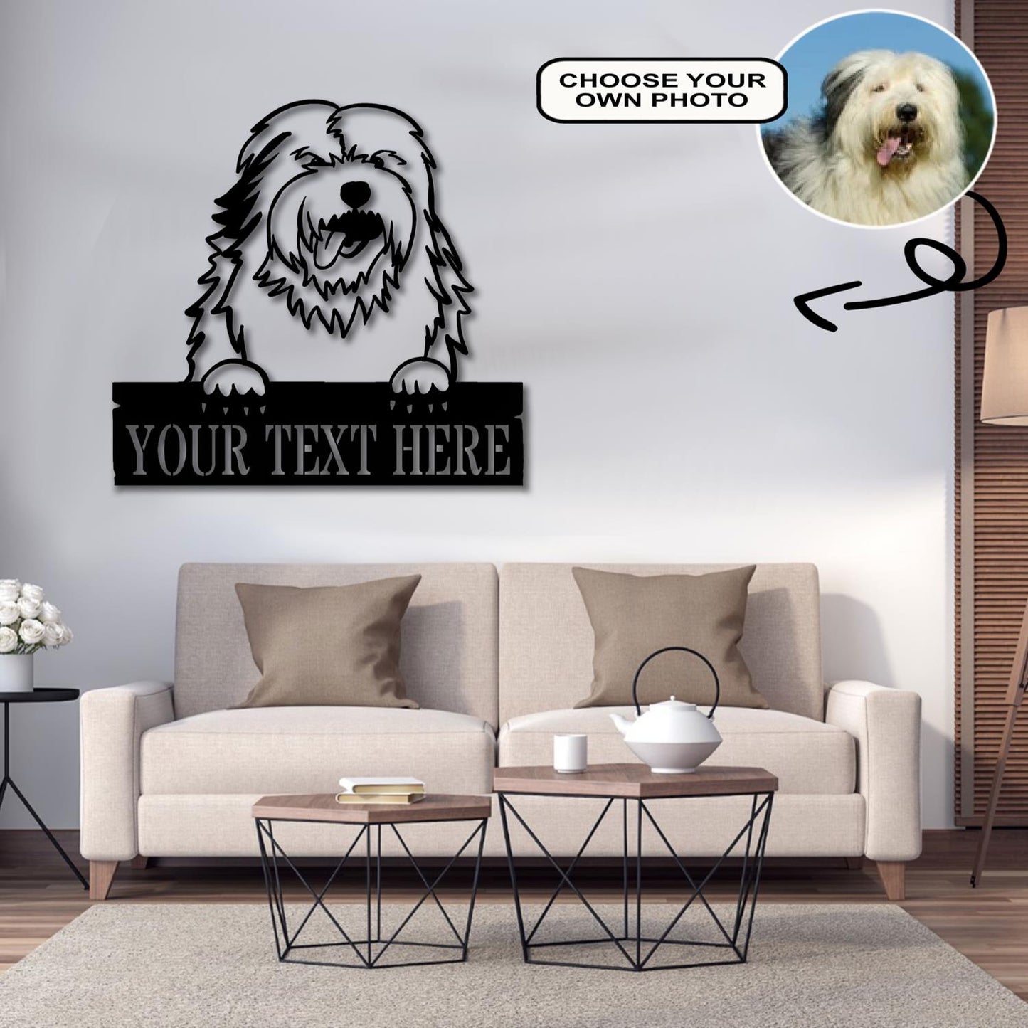 Personalized Bobtail Dog Metal Sign Led Lights Custom Name Photo
