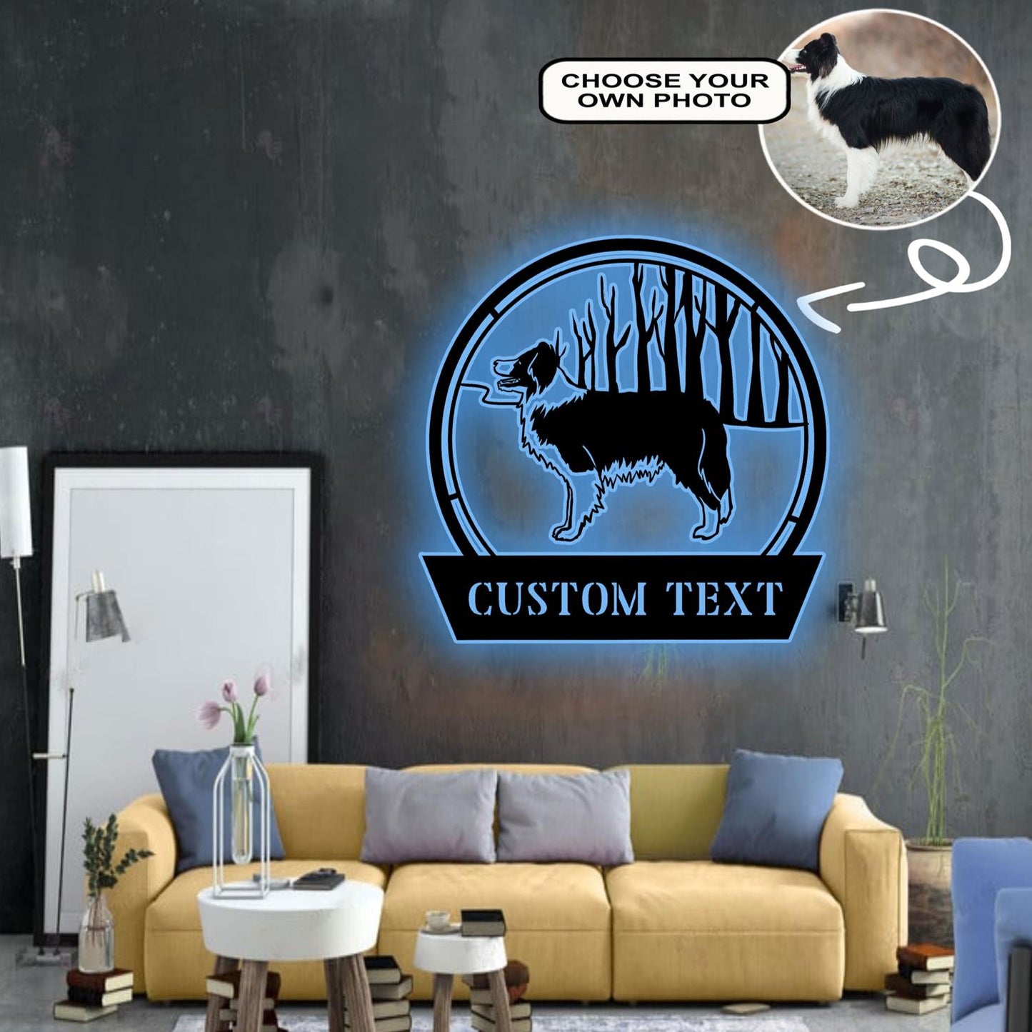 Personalized Border collie Dog Metal Sign Led Lights Custom Name Photo