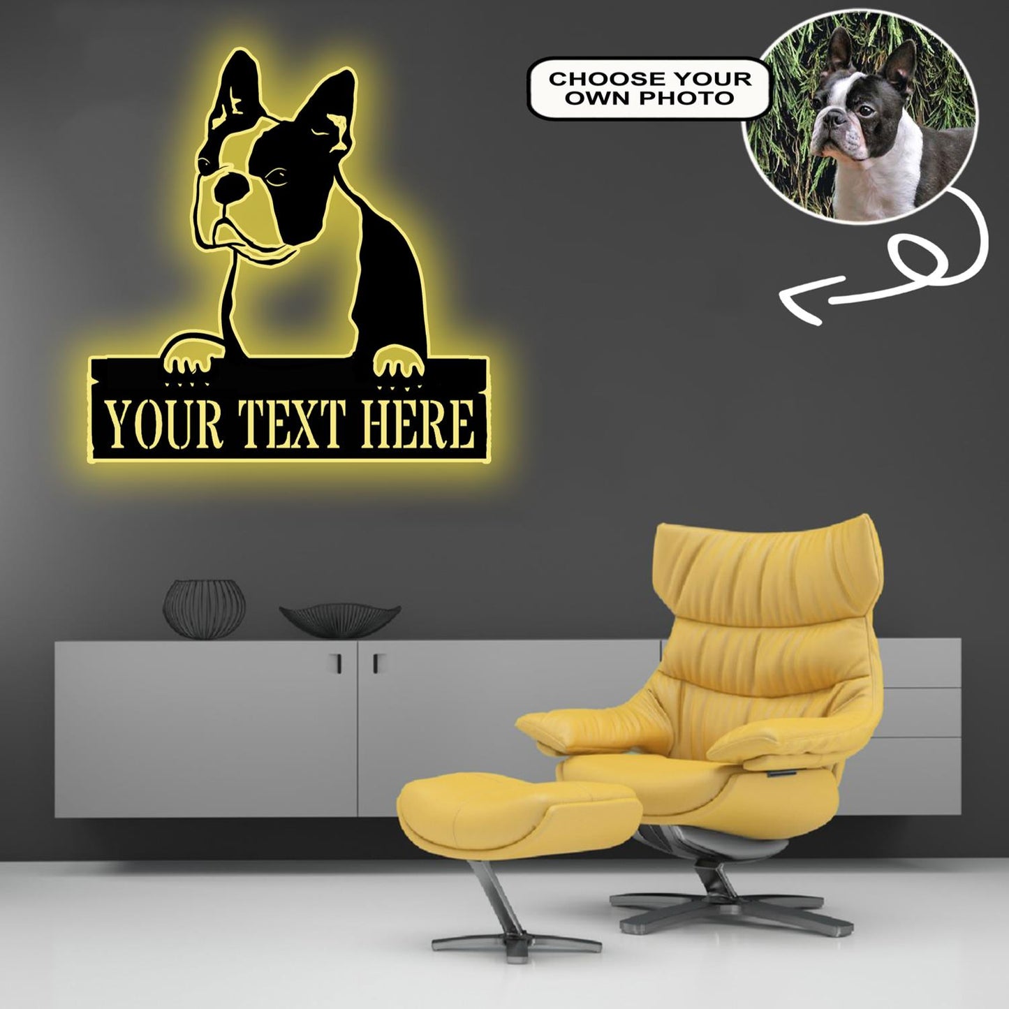 Personalized Boston Terrier Dog Metal Sign Led Lights Custom Name Photo