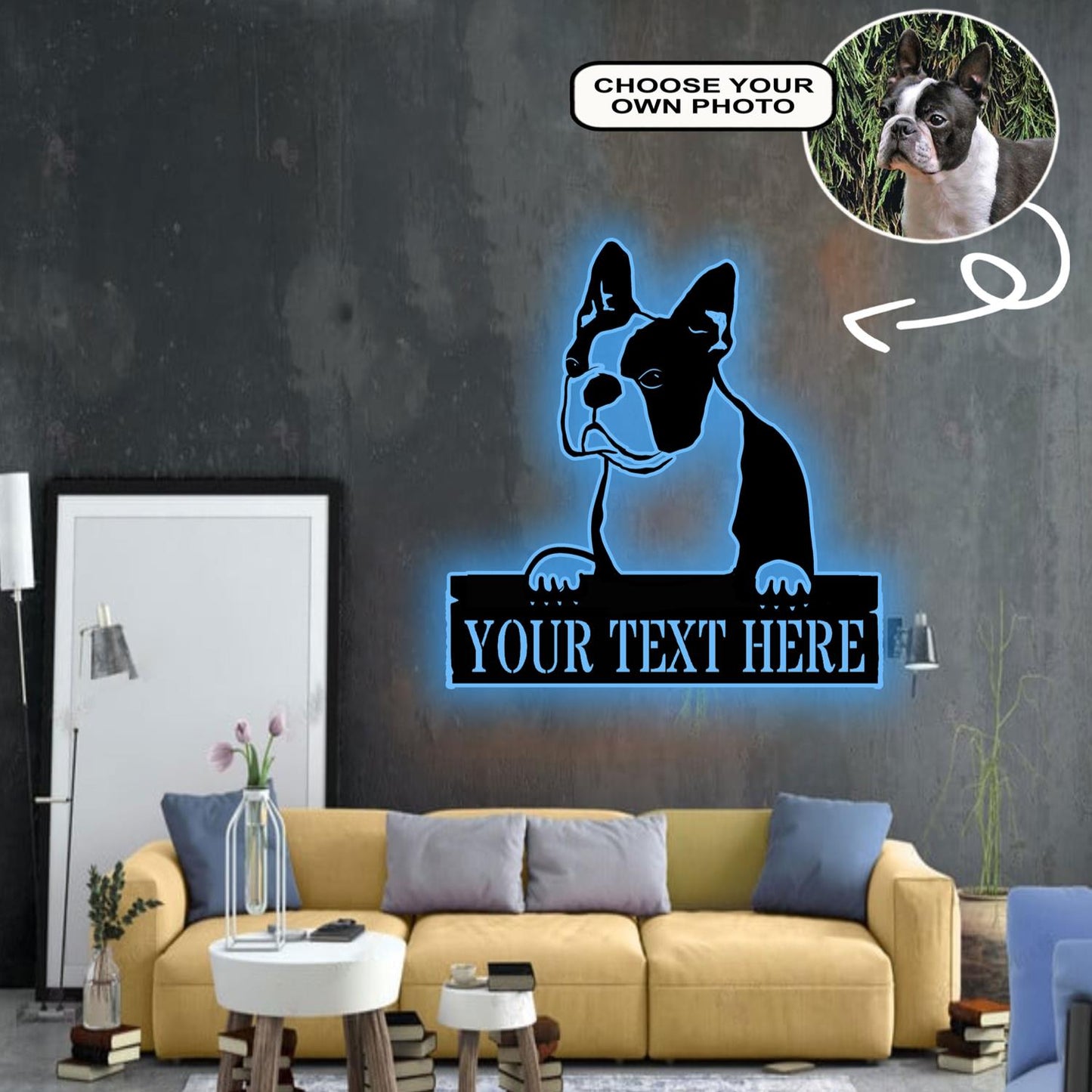 Personalized Boston Terrier Dog Metal Sign Led Lights Custom Name Photo