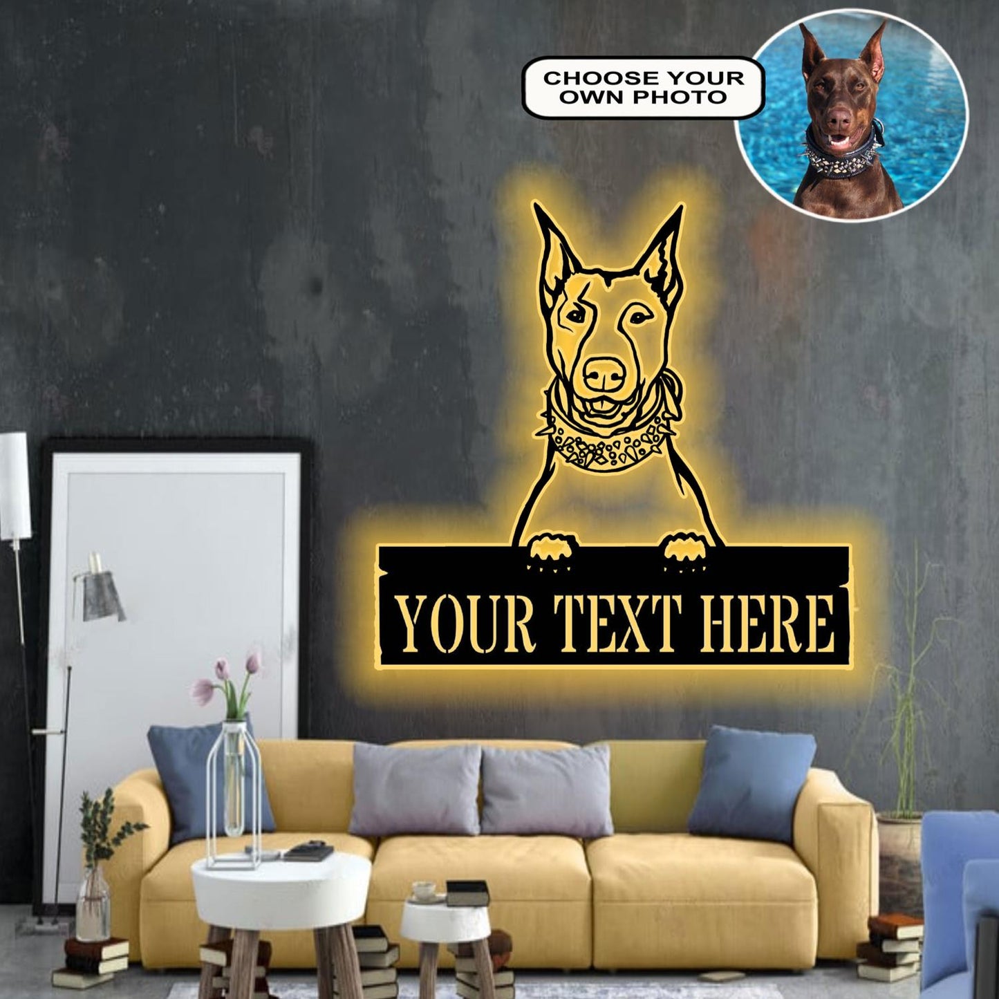 Personalized Dobberman Dog Metal Sign Led Lights Custom Name Photo