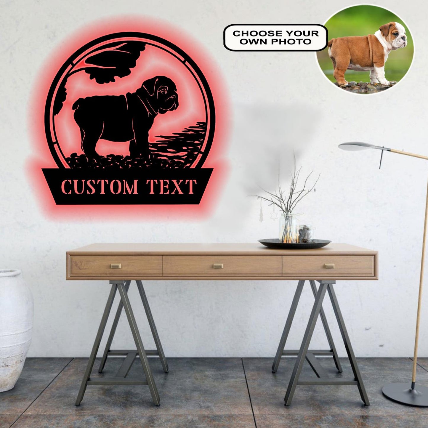 Personalized English Bulldog Dog Metal Sign Led Lights Custom Name Photo