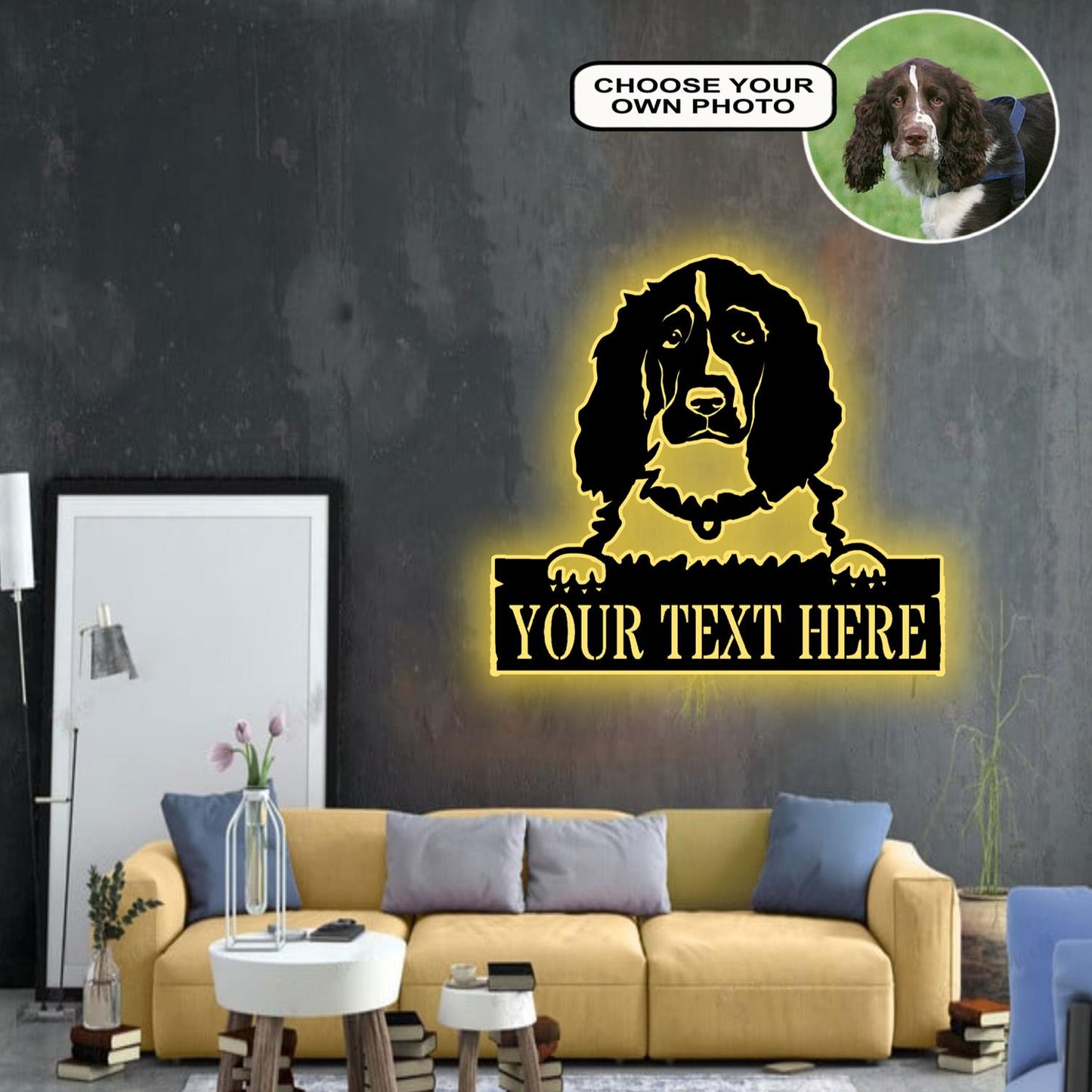 Personalized English Springer Spaniel Dog Metal Sign Led Lights Custom Name Photo