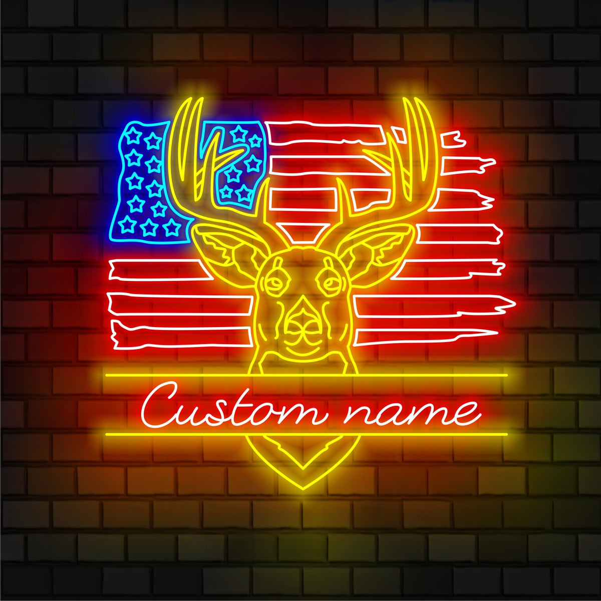 Custom US Patriotic Deer Hunting Neon Sign Wall Art LED Light Personalized American Buck Head Hunter Name Neon Sign Home Decor USA Flag Antler Cabin