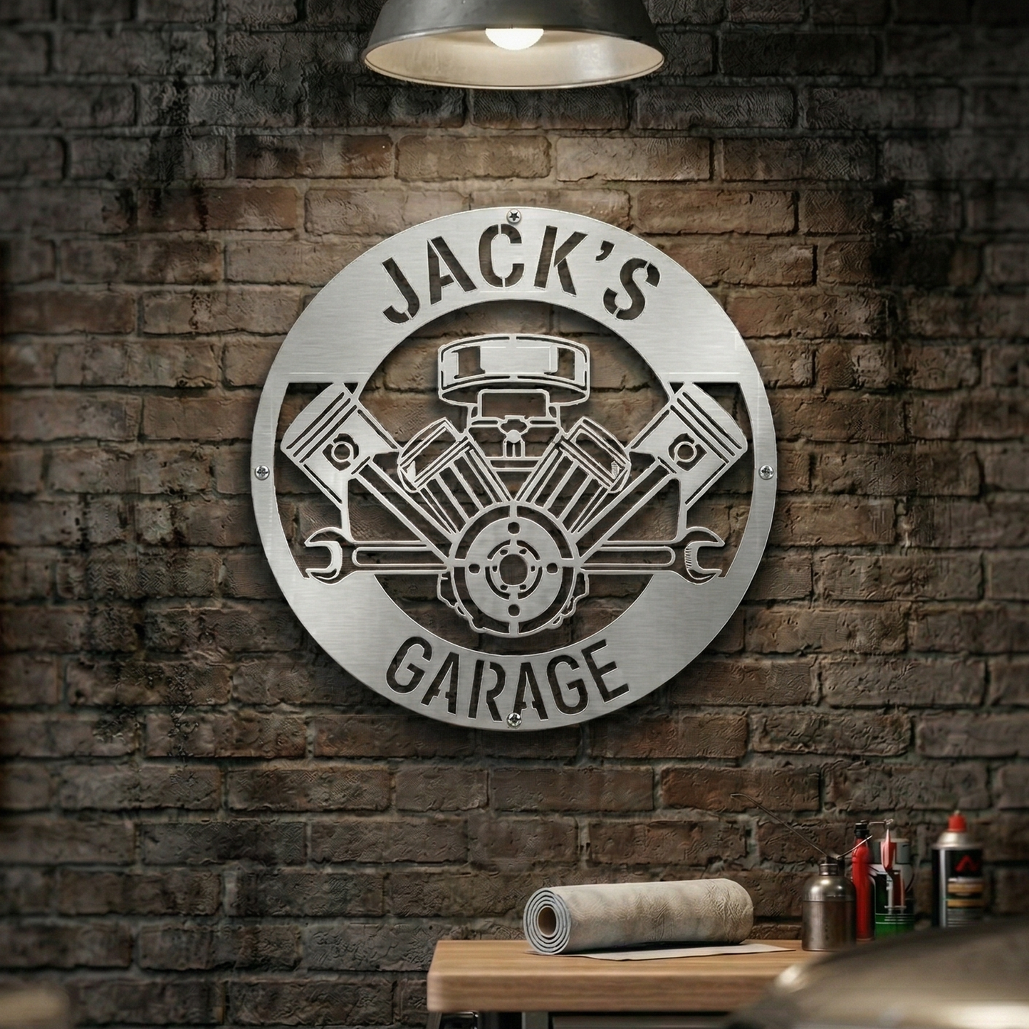 Custom Garage Metal Sign – Dad Gift, Mechanic Wall Decor with Piston & Wrench