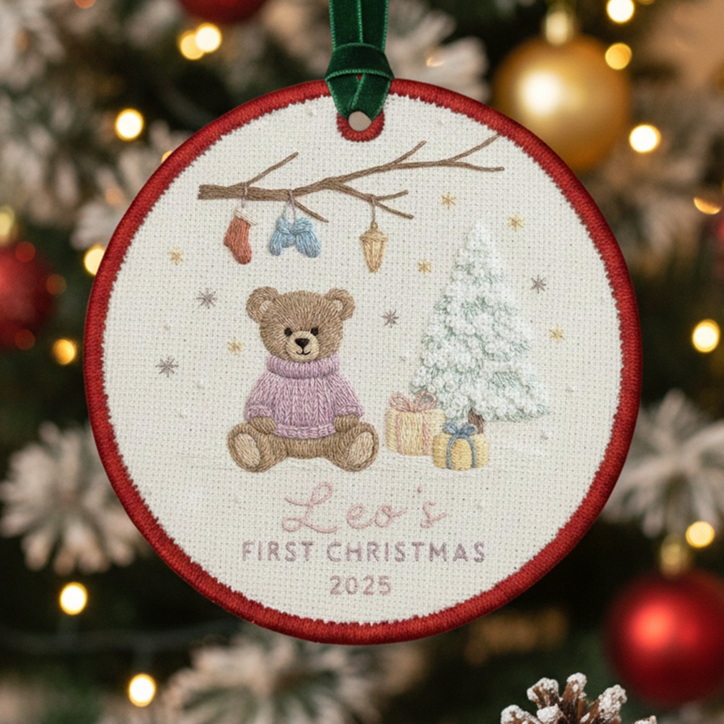 Personalized Embroidered Baby’s First Christmas Ornament 2025 – Custom Canvas Teddy Bear Keepsake Gift for Newborn, Embroidered Ornament