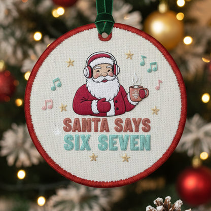 Funny Embroidered Santa Ornament – “Santa Says Six Seven” Custom Canvas Christmas Decor & Holiday Gift 2025, Xmas Embroidered Ornament