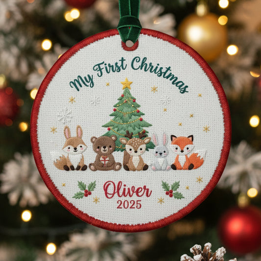 Personalized Embroidered My First Christmas Woodland Animals Ornament 2025 – Custom Canvas Keepsake Gift for Baby, Xmas Embroidered Ornament