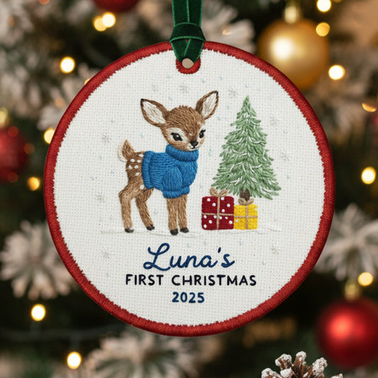 Personalized Embroidered Baby’s First Christmas Ornament 2025 – Custom Canvas Reindeer Keepsake Gift for Newborn, New Baby Gift