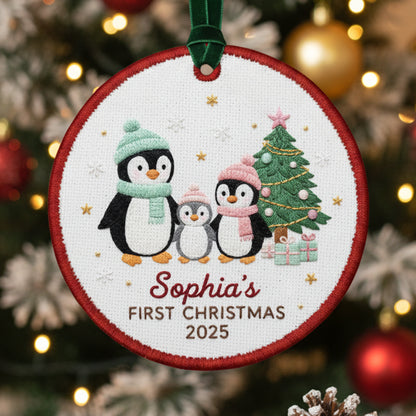 Personalized Embroidered Penguin Family Baby’s First Christmas Ornament – Custom Canvas Keepsake New Family, Christmas Embroidered Ornament