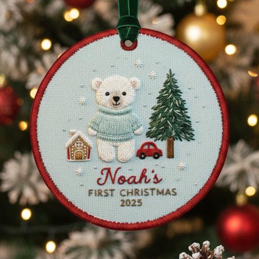 Personalized Embroidered Baby’s First Christmas Ornament 2025 – Custom Canvas Bear Keepsake Gift for Newborn, Embroidered Ornament for Baby