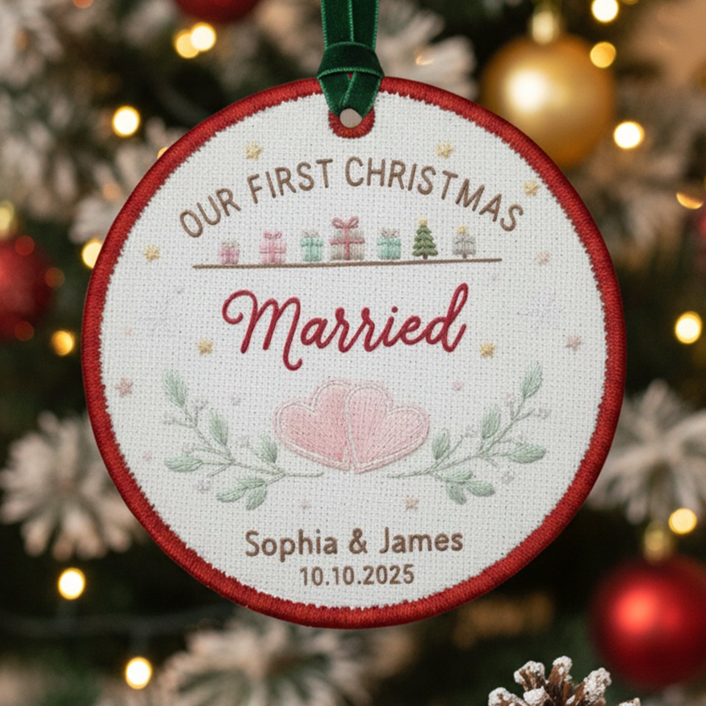 Personalized Embroidered Our First Christmas Married Ornament 2025 – Custom Canvas Wedding Keepsake Gift for Newlyweds, Embroidered Ornament