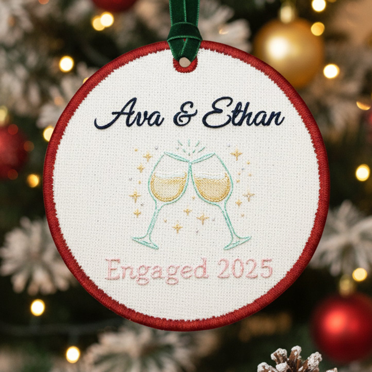Personalized Embroidered Engagement Ornament 2025 – Custom Canvas Champagne Glasses Keepsake Gift for Engaged Couple, Embroidered Ornament
