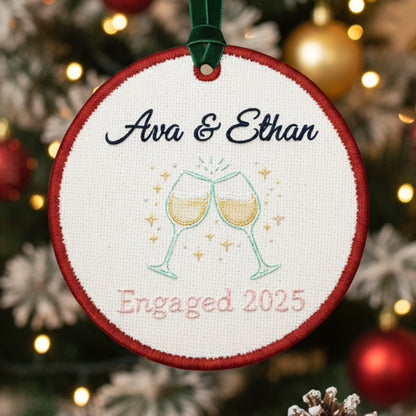 Personalized Embroidered Engagement Ornament 2025 – Custom Canvas Champagne Glasses Keepsake Gift for Engaged Couple, Embroidered Ornament