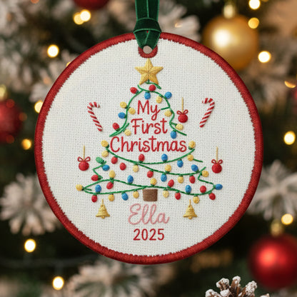Personalized Embroidered Baby’s First Christmas Tree Ornament 2025 – Custom Canvas Keepsake Gift for Baby, Christmas Embroidered Ornament