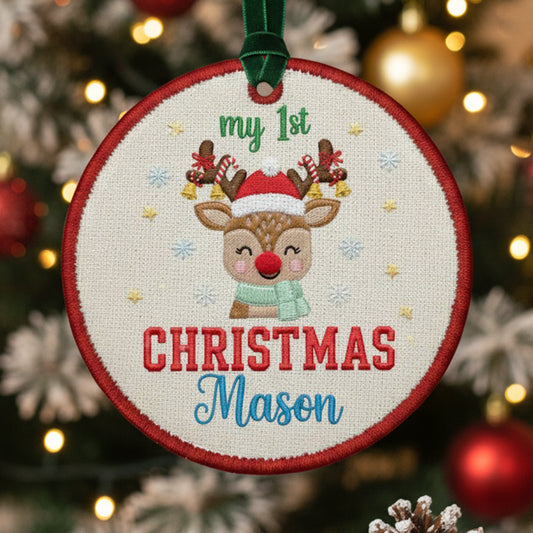 Personalized Embroidered My First Christmas Reindeer Ornament 2025 – Custom Canvas Keepsake Gift for Baby Girl, Xmas Embroidered Ornament
