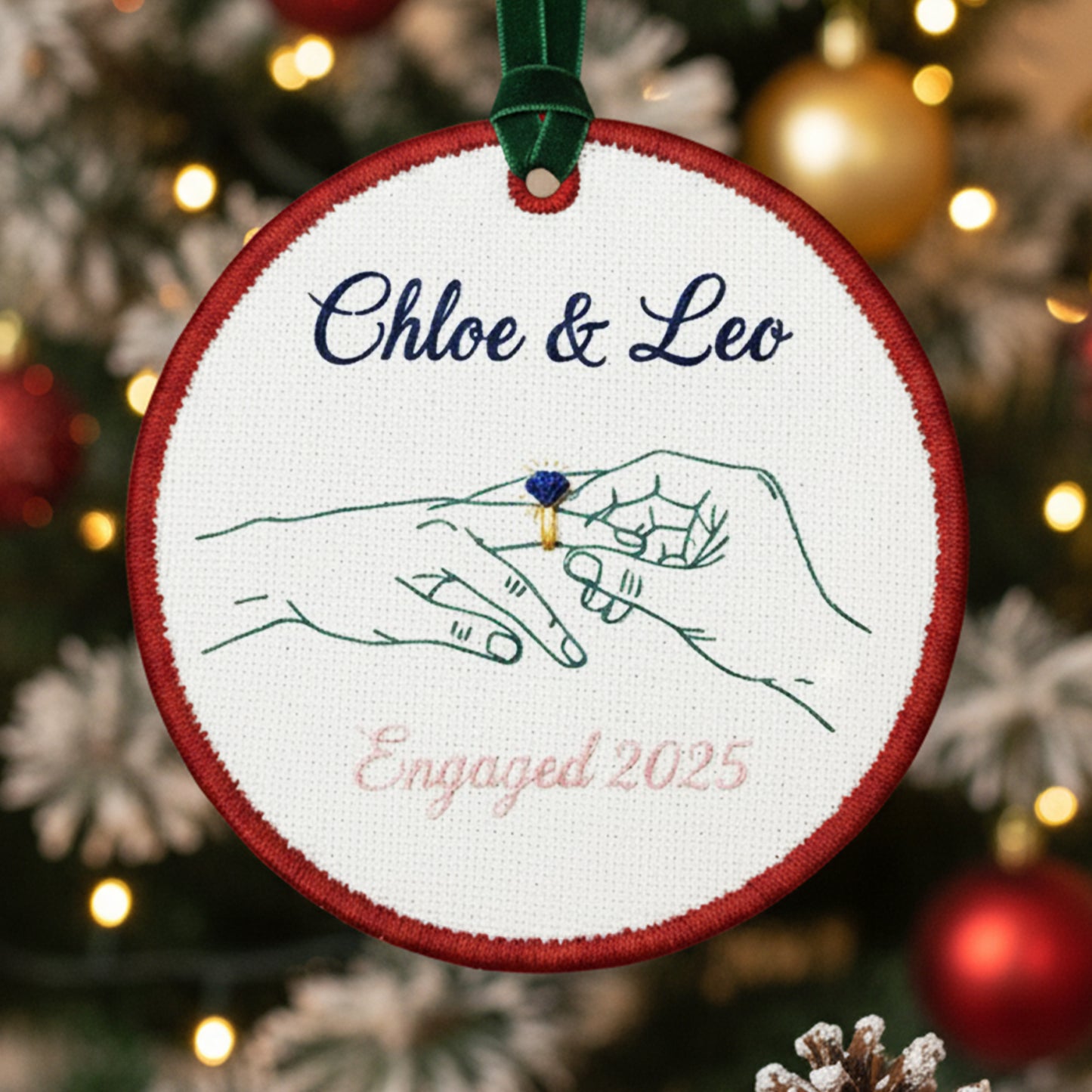 Personalized Embroidered Engagement Ornament 2025, Custom Canvas Hands with Ring Keepsake Gift for Engaged Couple, Xmas Embroidered Ornament