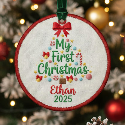 Personalized Embroidered Baby’s First Christmas Tree Ornament 2025 – Custom Canvas Keepsake Gift for Newborn, Christmas Embroidered Ornament