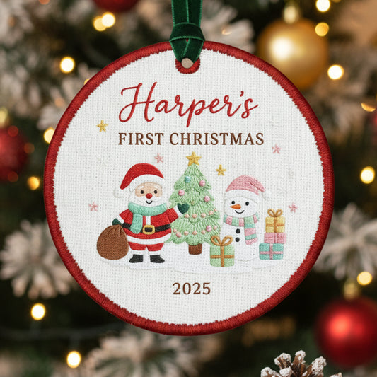Personalized Embroidered Baby’s First Christmas Ornament 2025 – Santa and Snowman Custom Canvas Keepsake for Newborn, Embroidered Ornament