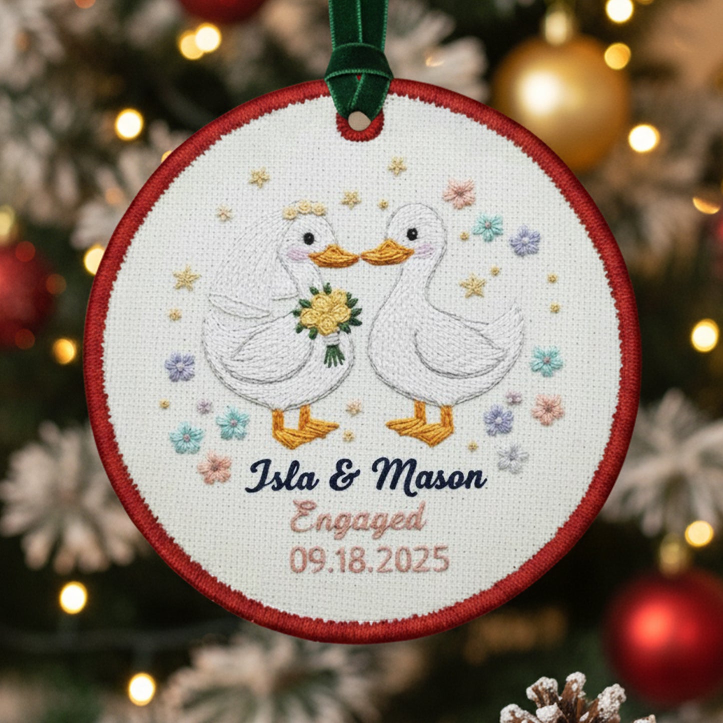 Personalized Embroidered Engagement Ornament 2025 – Custom Canvas Duck Couple Keepsake Gift for Engaged Couples, Xmas Embroidered Ornament