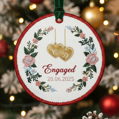 Personalized Embroidered Engagement Ornament 2025 – Custom Canvas Floral Heart Keepsake Gift for Engaged Couples, Xmas Embroidered Ornament