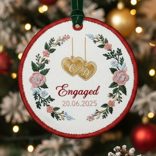 Personalized Embroidered Engagement Ornament 2025 – Custom Canvas Floral Heart Keepsake Gift for Engaged Couples, Xmas Embroidered Ornament