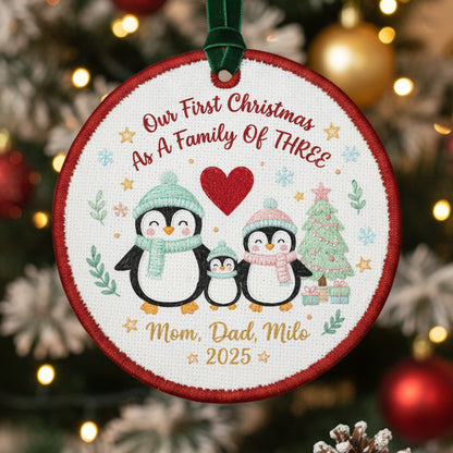 Embroidered Family of Three Penguin Christmas Ornament, Personalized Canvas Keepsake for New Family, Christmas Embroidered Ornament