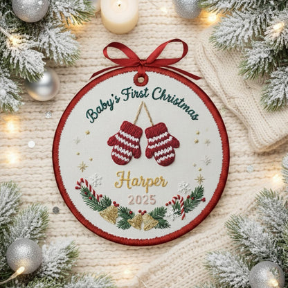 Personalized Embroidered Baby’s First Christmas Ornament 2025 – Custom Canvas Mittens Keepsake Gift for Newborn, Xmas Embroidered Ornament