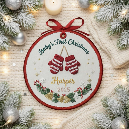 Personalized Embroidered Baby’s First Christmas Ornament 2025 – Custom Canvas Mittens Keepsake Gift for Newborn, Xmas Embroidered Ornament