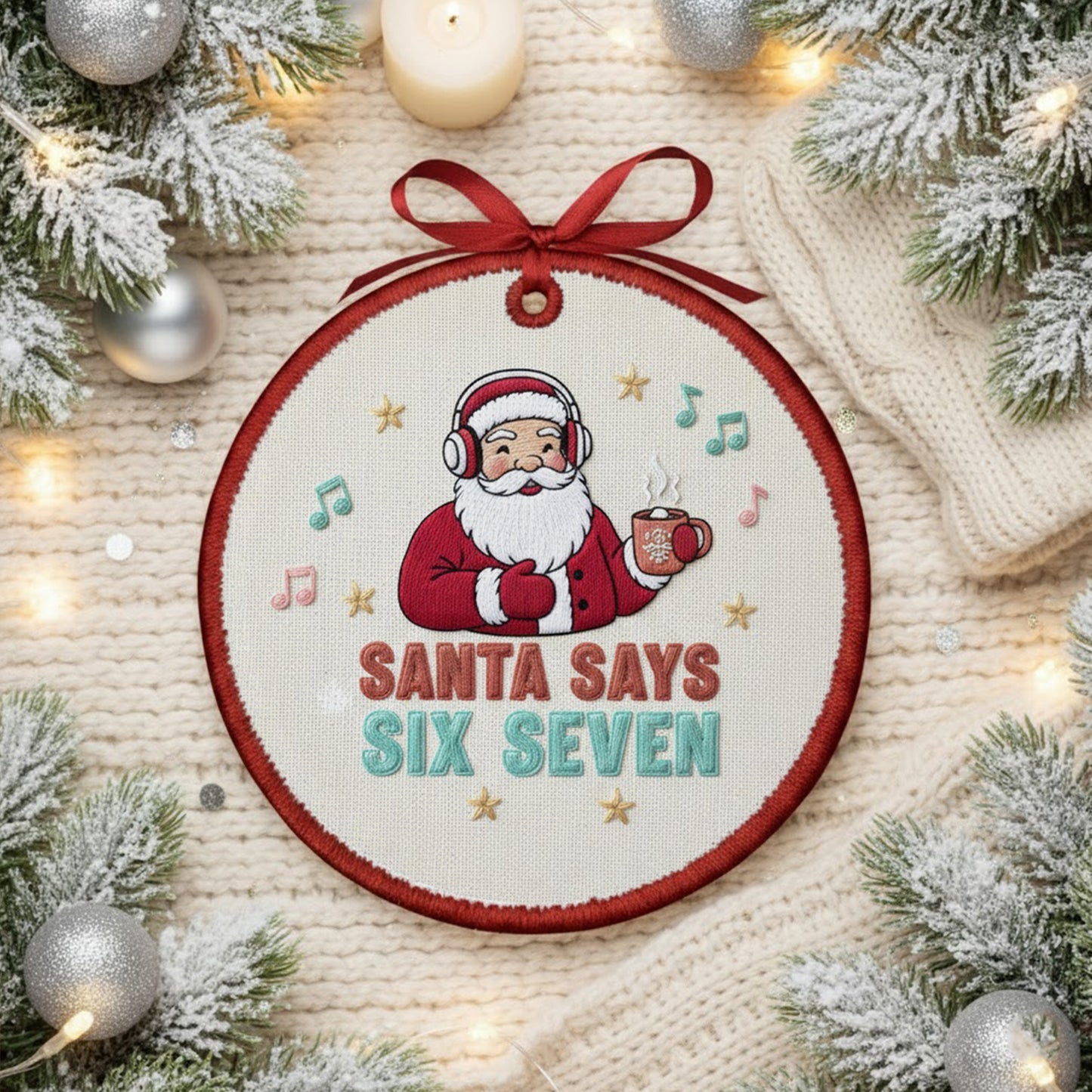 Funny Embroidered Santa Ornament – “Santa Says Six Seven” Custom Canvas Christmas Decor & Holiday Gift 2025, Xmas Embroidered Ornament