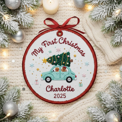 Personalized Embroidered My First Christmas Ornament 2025 – Custom Canvas Car with Tree Baby Keepsake Gift, Christmas Embroidered Ornament