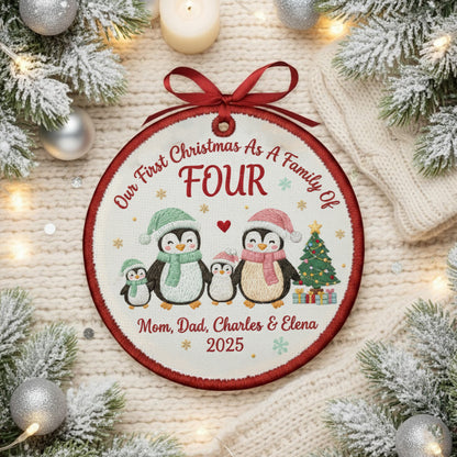 Embroidered Family of Three Penguin Christmas Ornament, Personalized Canvas Keepsake for New Family, Christmas Embroidered Ornament