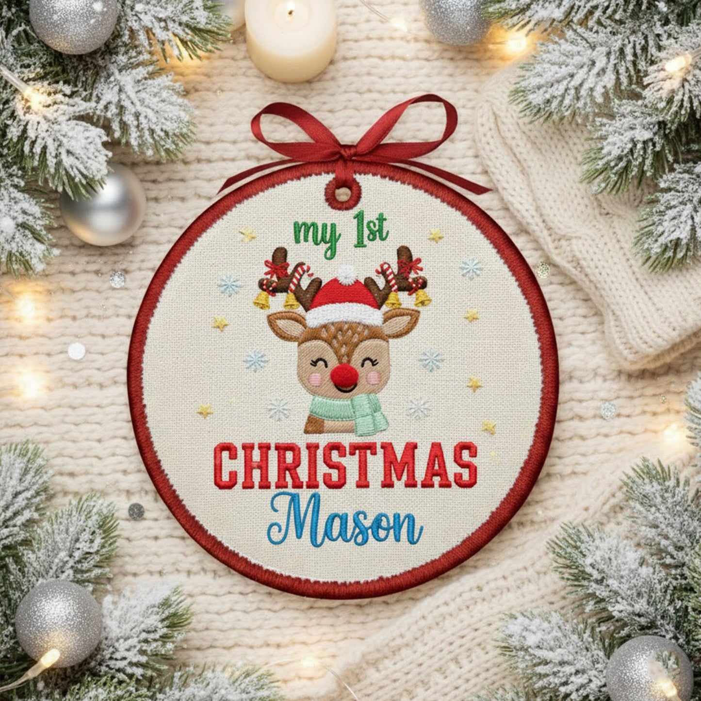 Personalized Embroidered My First Christmas Reindeer Ornament 2025 – Custom Canvas Keepsake Gift for Baby Girl, Xmas Embroidered Ornament