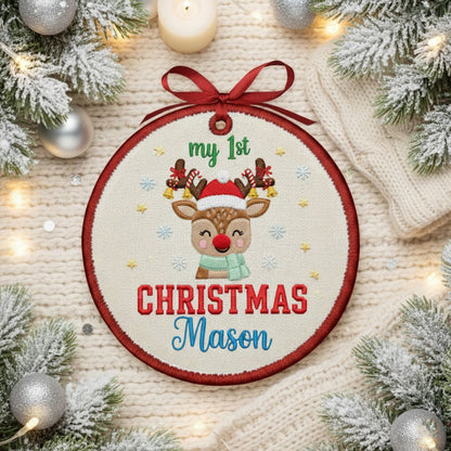 Personalized Embroidered My First Christmas Reindeer Ornament 2025 – Custom Canvas Keepsake Gift for Baby Girl, Xmas Embroidered Ornament