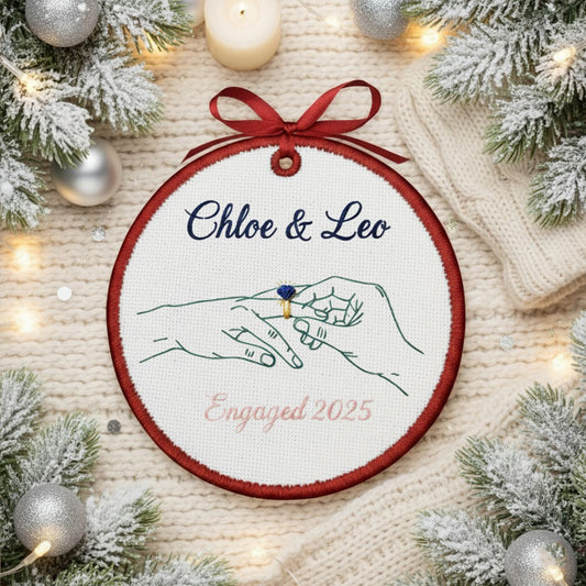 Personalized Embroidered Engagement Ornament 2025, Custom Canvas Hands with Ring Keepsake Gift for Engaged Couple, Xmas Embroidered Ornament