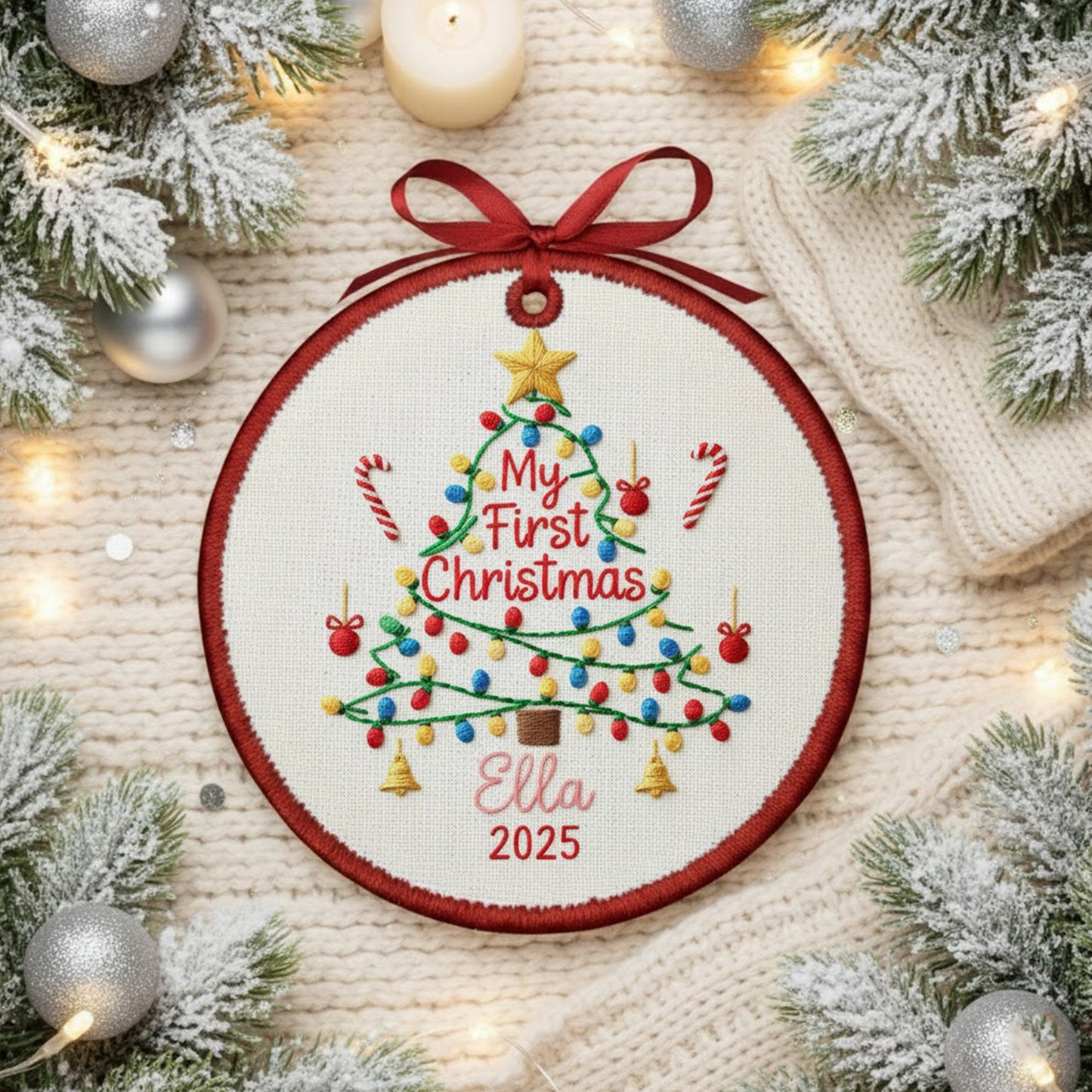 Personalized Embroidered Baby’s First Christmas Tree Ornament 2025 – Custom Canvas Keepsake Gift for Baby, Christmas Embroidered Ornament