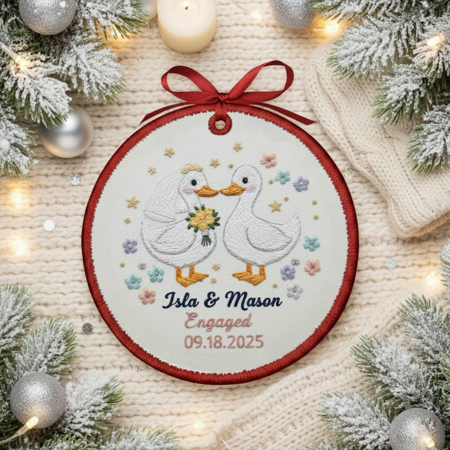 Personalized Embroidered Engagement Ornament 2025 – Custom Canvas Duck Couple Keepsake Gift for Engaged Couples, Xmas Embroidered Ornament