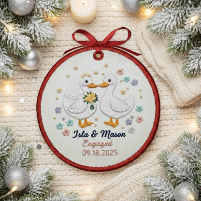 Personalized Embroidered Engagement Ornament 2025 – Custom Canvas Duck Couple Keepsake Gift for Engaged Couples, Xmas Embroidered Ornament