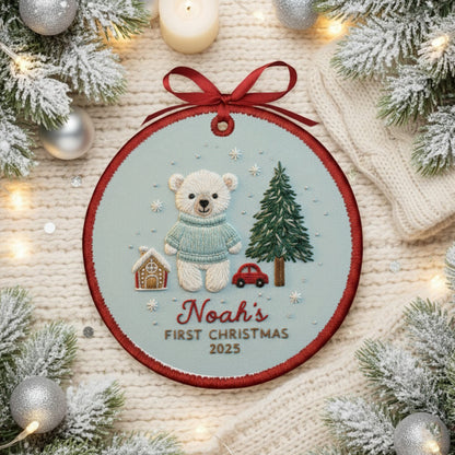 Personalized Embroidered Baby’s First Christmas Ornament 2025 – Custom Canvas Bear Keepsake Gift for Newborn, Embroidered Ornament for Baby