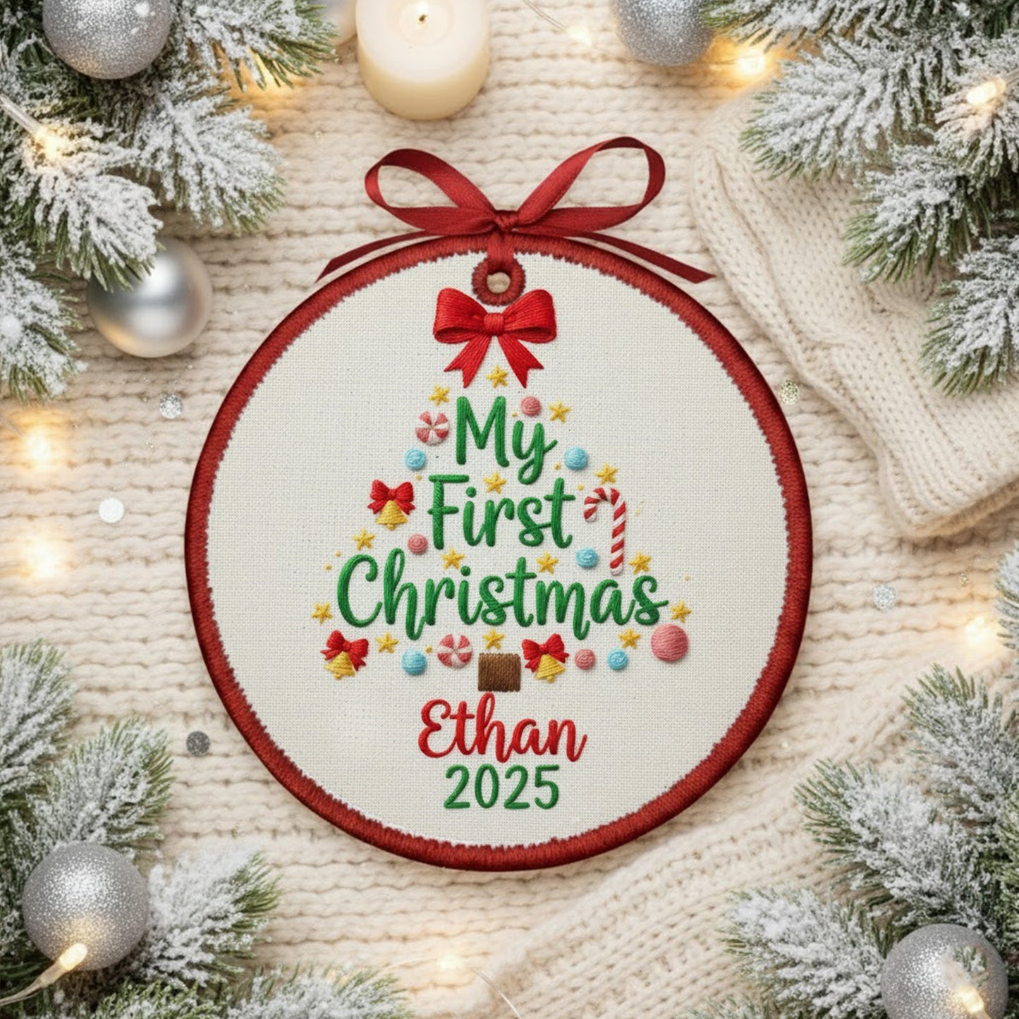 Personalized Embroidered Baby’s First Christmas Tree Ornament 2025 – Custom Canvas Keepsake Gift for Newborn, Christmas Embroidered Ornament