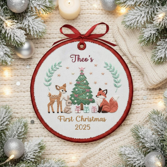 Personalized Embroidered Baby’s First Christmas Ornament 2025 – Woodland Animals Canvas Keepsake Gift for Newborn, Xmas Embroidered Ornament