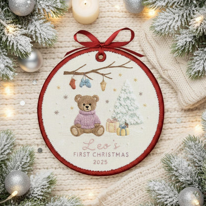 Personalized Embroidered Baby’s First Christmas Ornament 2025 – Custom Canvas Teddy Bear Keepsake Gift for Newborn, Embroidered Ornament